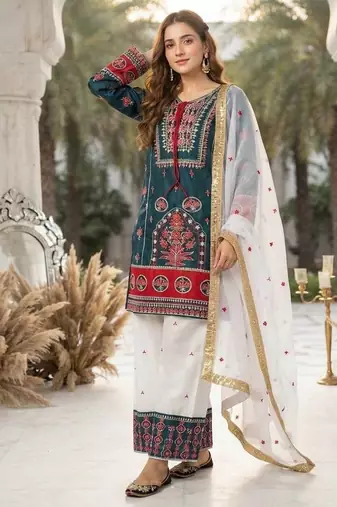 Teal Embroidery And sequin Work Silk Blend Salwar Suit