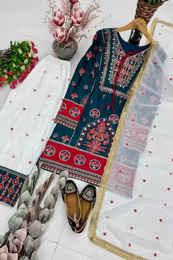 Teal Embroidery And sequin Work Silk Blend Salwar Suit