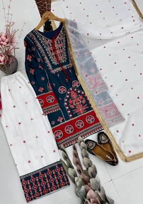 Teal Embroidery And sequin Work Silk Blend Salwar Suit 4
