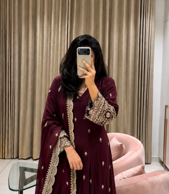 wine color embroidery sequin work georgette gown set 1