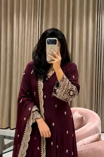 wine color embroidery sequin work georgette gown set