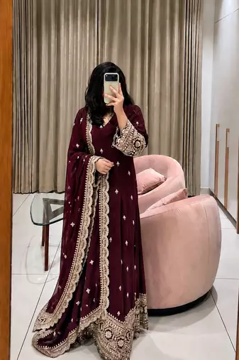 wine color embroidery sequin work georgette gown set