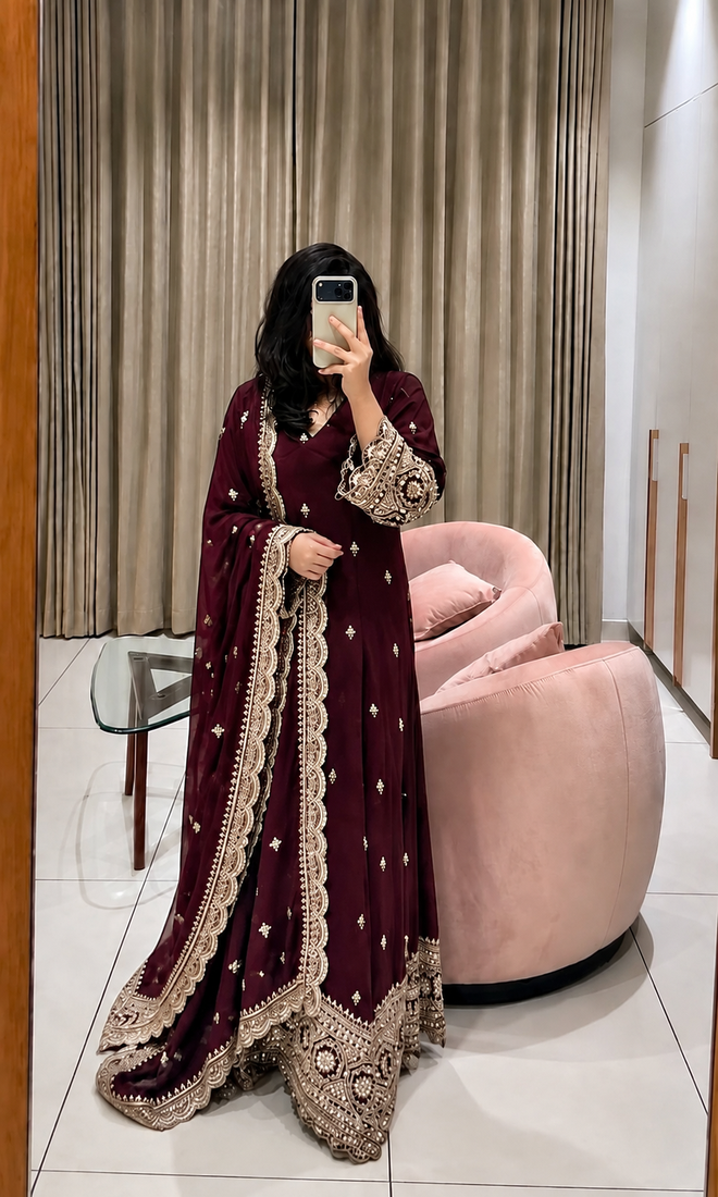 wine color embroidery sequin work georgette gown set