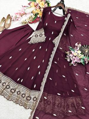 wine color embroidery sequin work georgette gown set 3