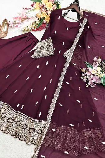 wine color embroidery sequin work georgette gown set