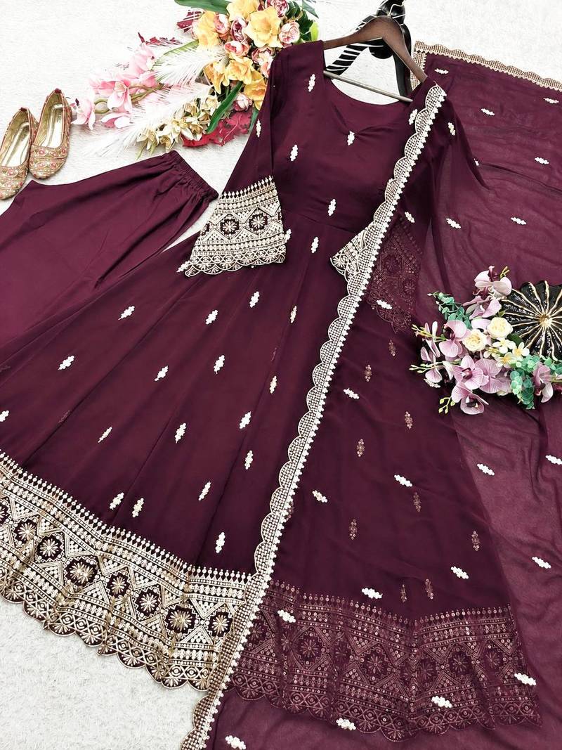 wine color embroidery sequin work georgette gown set
