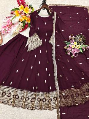 wine color embroidery sequin work georgette gown set 4