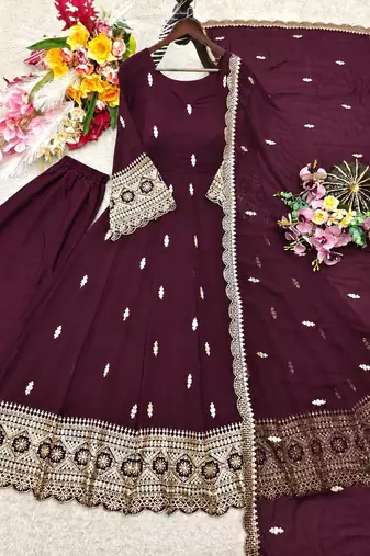 wine color embroidery sequin work georgette gown set