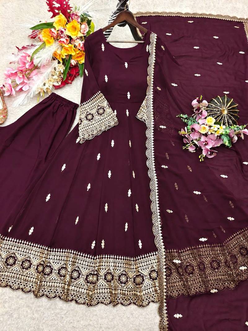 wine color embroidery sequin work georgette gown set