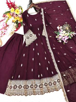 wine color embroidery sequin work georgette gown set 5
