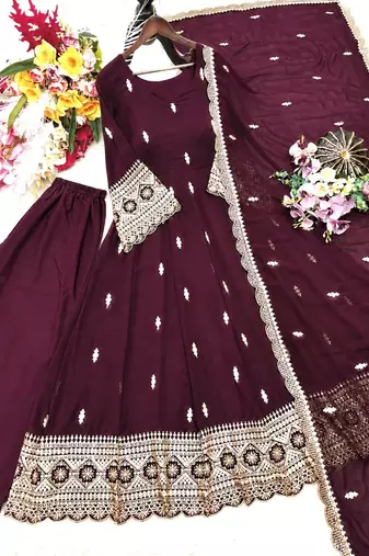 wine color embroidery sequin work georgette gown set