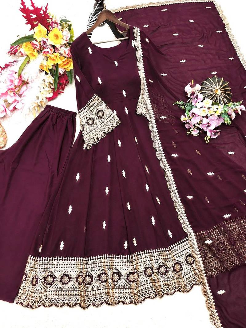 wine color embroidery sequin work georgette gown set