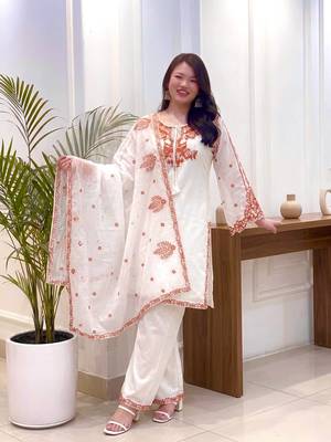 White Embroidery Work Silk Blend Salwar Suit 1