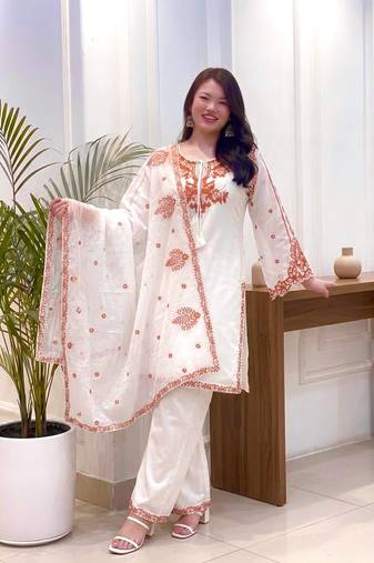 White Embroidery Work Silk Blend Salwar Suit