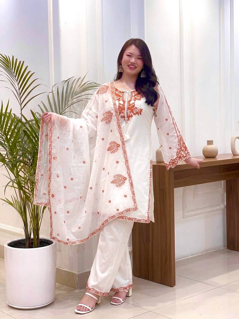 White Embroidery Work Silk Blend Salwar Suit
