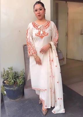 White Embroidery Work Silk Blend Salwar Suit 2