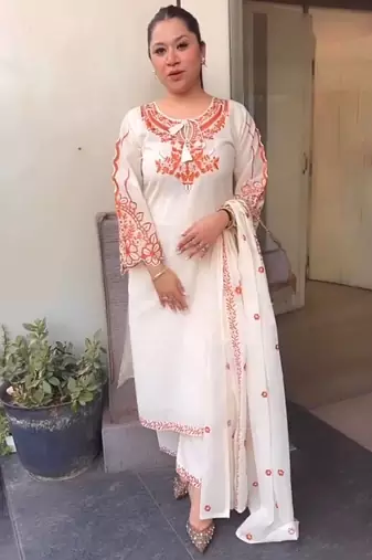 White Embroidery Work Silk Blend Salwar Suit