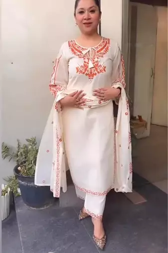 White Embroidery Work Silk Blend Salwar Suit