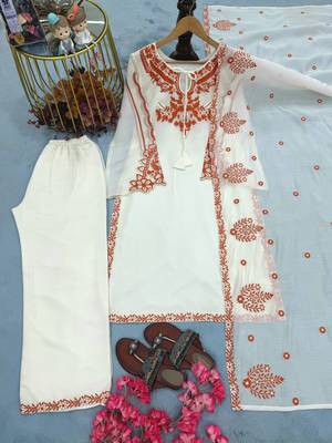White Embroidery Work Silk Blend Salwar Suit 4