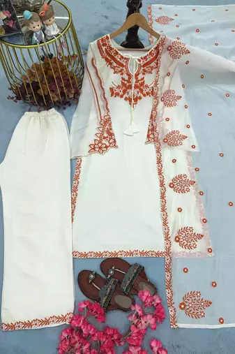 White Embroidery Work Silk Blend Salwar Suit