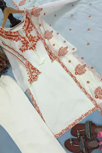 White Embroidery Work Silk Blend Salwar Suit
