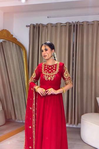 red color embroidery sequin work georgette gown set