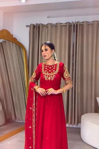 red color embroidery sequin work georgette gown set