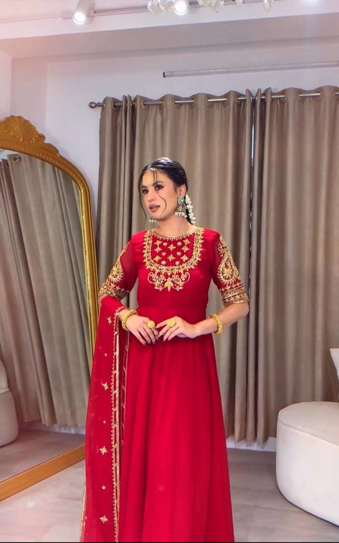 red color embroidery sequin work georgette gown set