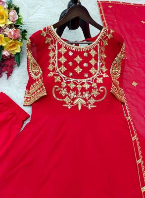 red color embroidery sequin work georgette gown set 2