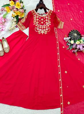red color embroidery sequin work georgette gown set 3