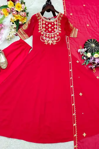 red color embroidery sequin work georgette gown set