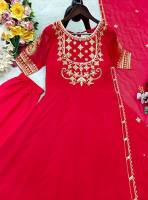 red color embroidery sequin work georgette gown set 4