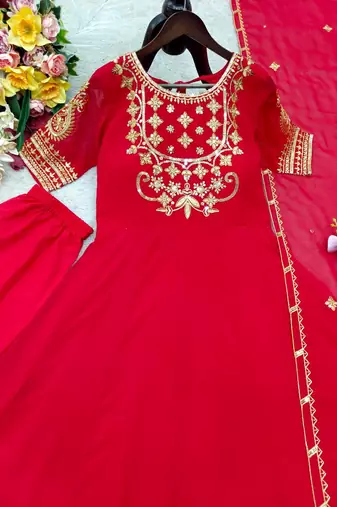 red color embroidery sequin work georgette gown set