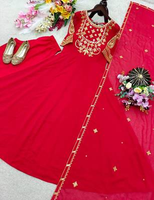 red color embroidery sequin work georgette gown set 5