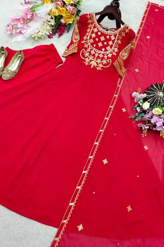 red color embroidery sequin work georgette gown set
