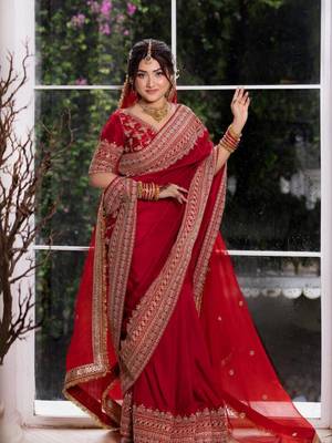 Red Color -Intricate Thread & Coding Sequnce work Satin Saree 1