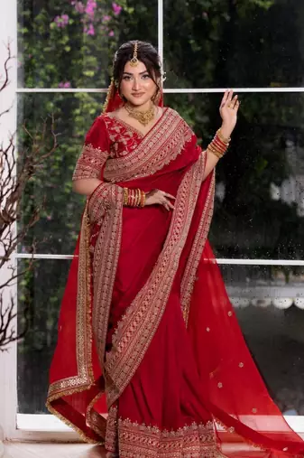 Red Color -Intricate Thread & Coding Sequnce work Satin Saree