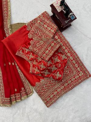 Red Color -Intricate Thread & Coding Sequnce work Satin Saree 5