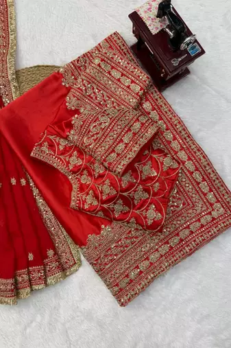 Red Color -Intricate Thread & Coding Sequnce work Satin Saree