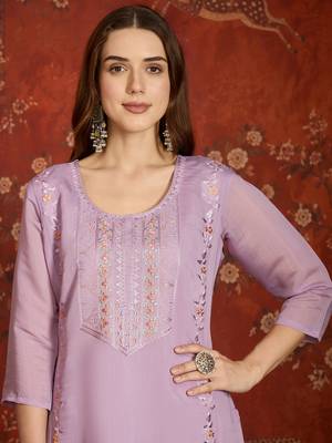 Elegant lavender mull chanderi embroidered kurti pant set 2