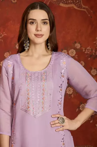 Elegant lavender mull chanderi embroidered kurti pant set