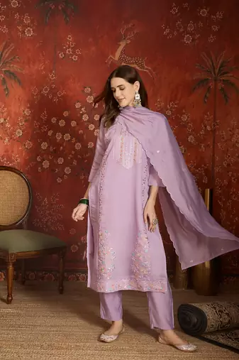 Elegant lavender mull chanderi embroidered kurti pant set