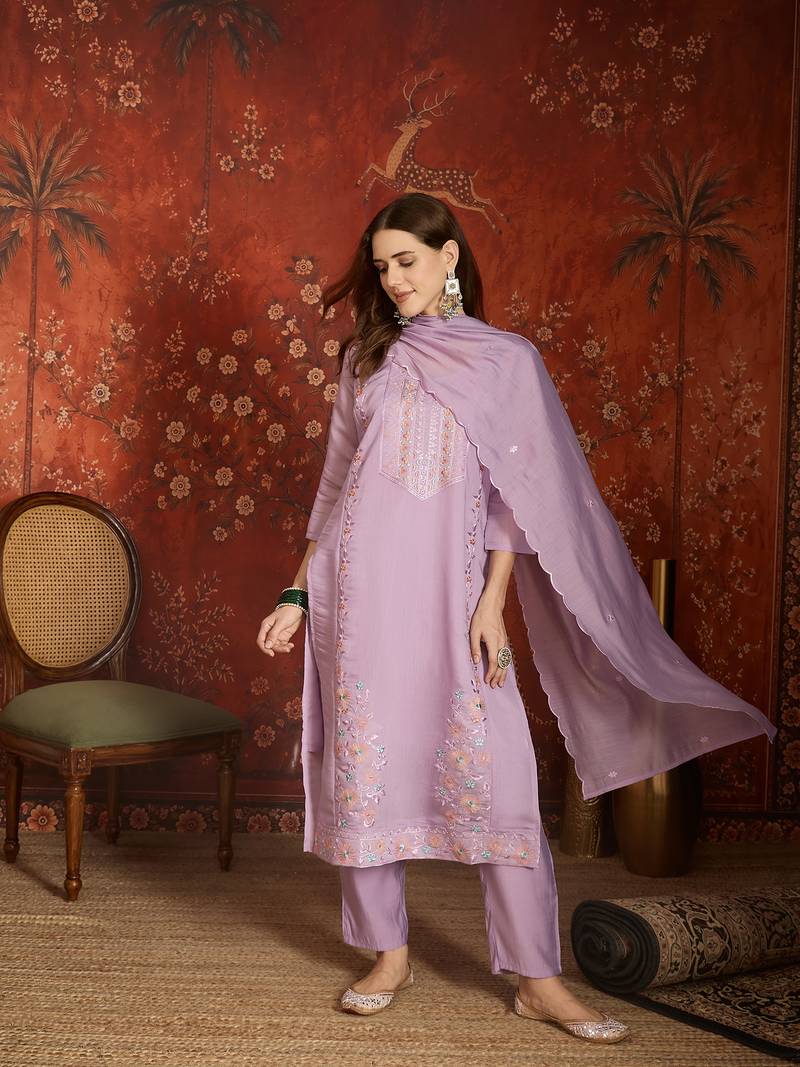 Elegant lavender mull chanderi embroidered kurti pant set