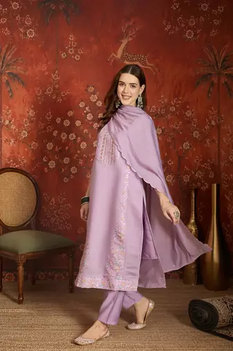 Elegant lavender mull chanderi embroidered kurti pant set