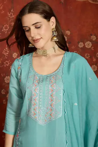  sea green mull chanderi embroidered kurti pant set