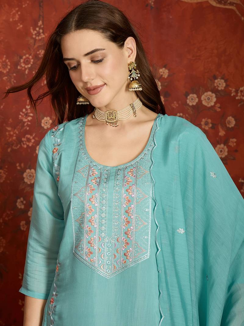  sea green mull chanderi embroidered kurti pant set