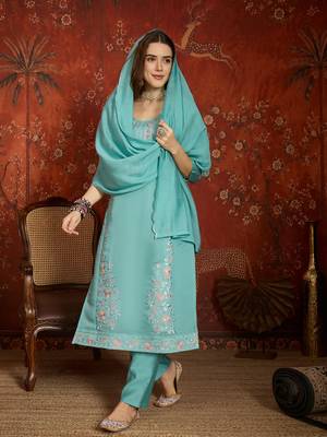  sea green mull chanderi embroidered kurti pant set 3