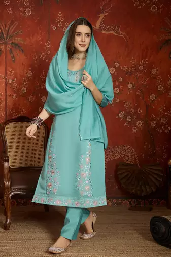  sea green mull chanderi embroidered kurti pant set