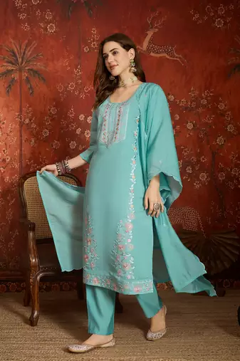  sea green mull chanderi embroidered kurti pant set