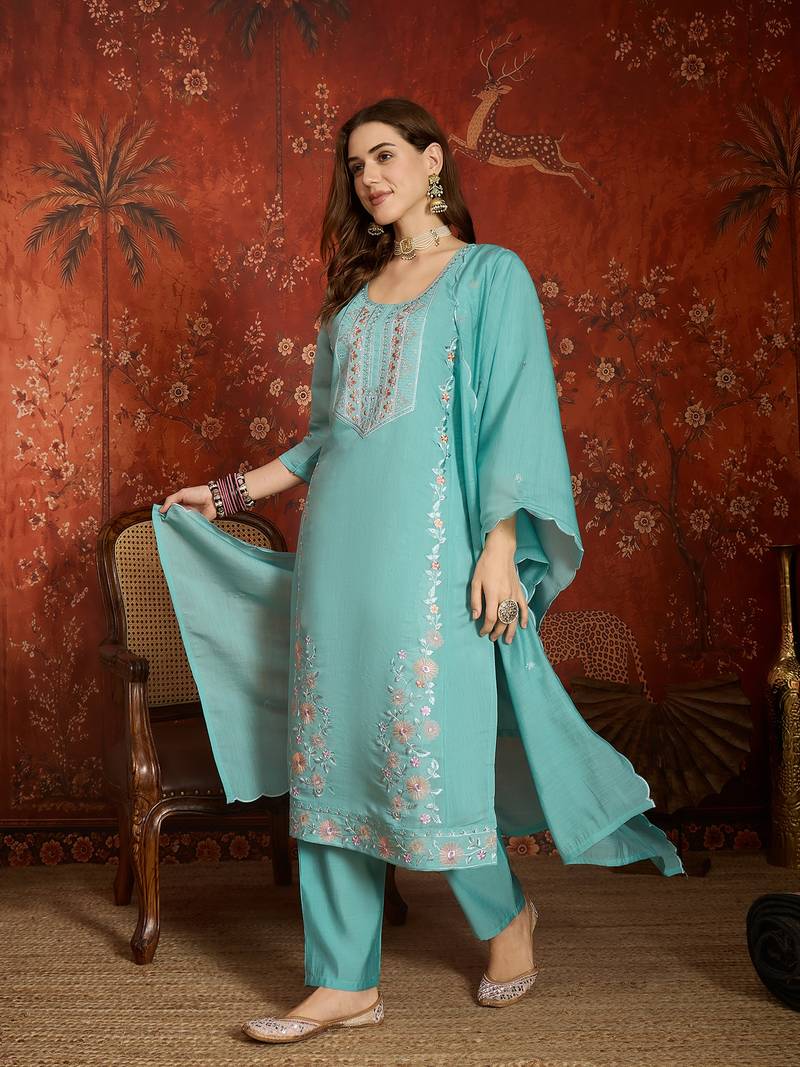  sea green mull chanderi embroidered kurti pant set